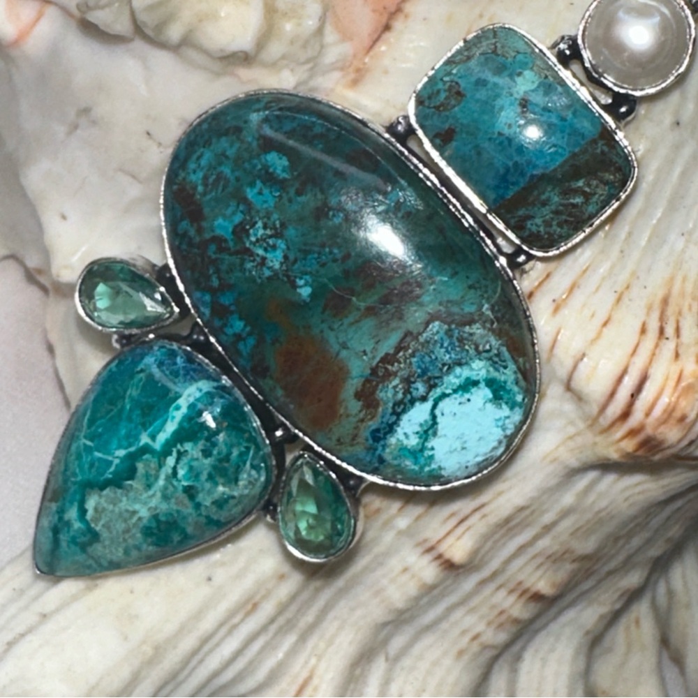 Chrysocolla + Biwa Pearl multi-gem statement   pendant